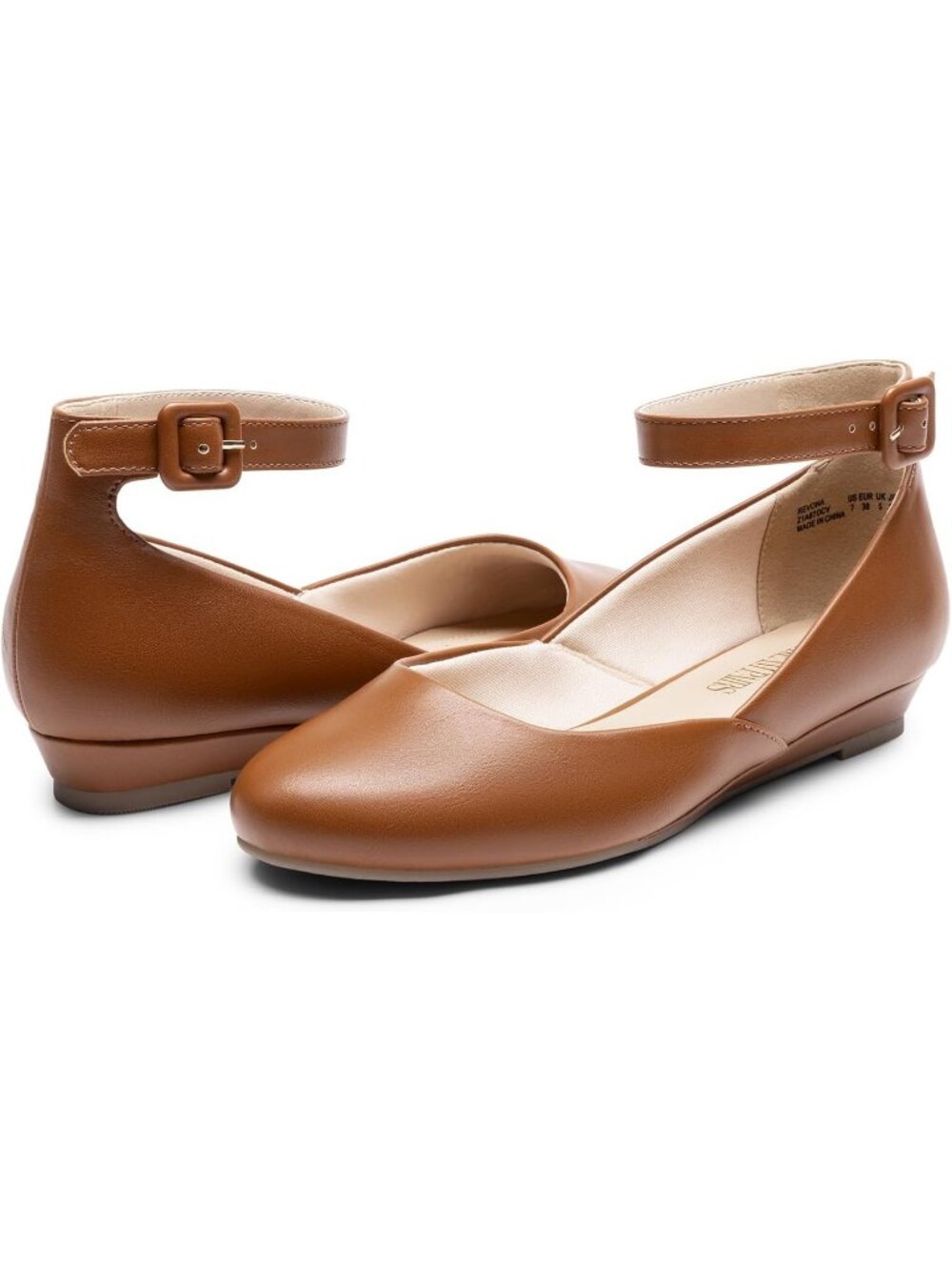 Women's Brown PU Ankle Strap Ballet Flat Low Wedge Round Toe Comfortable Shoes - Picture 5 of 6